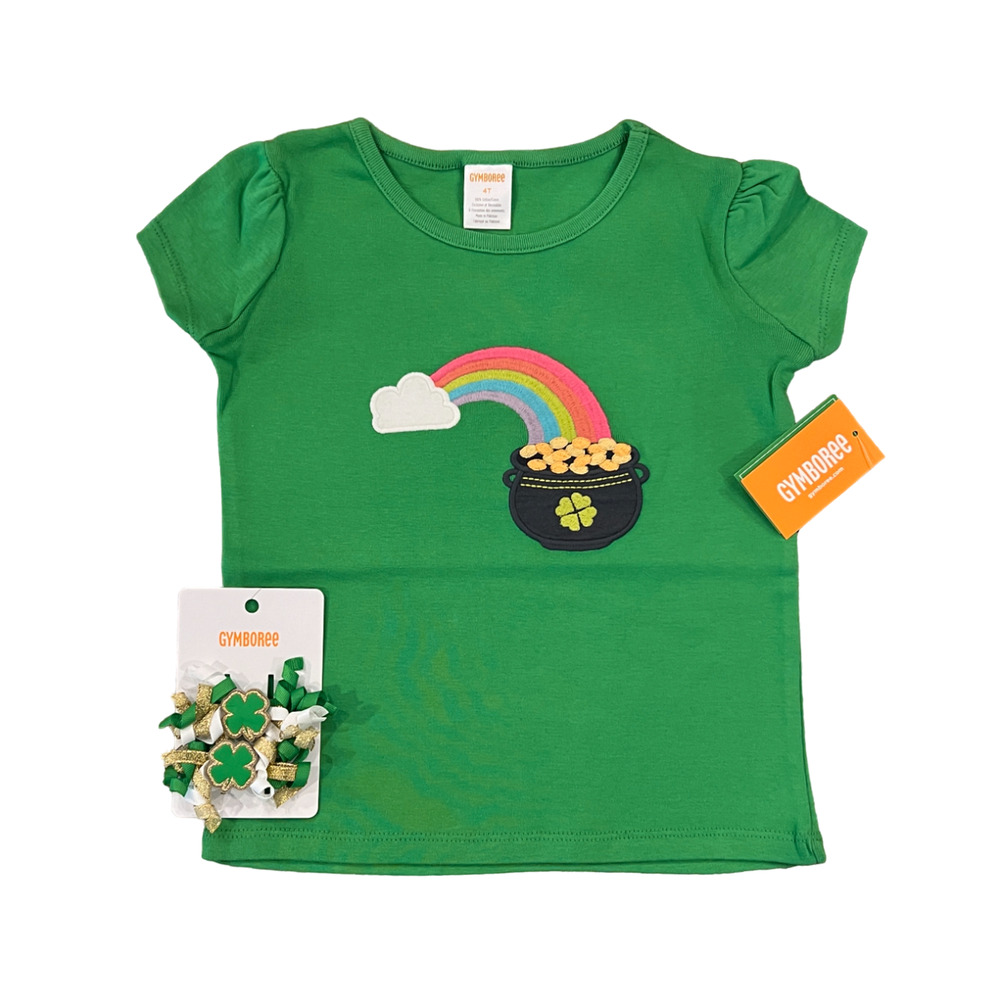 NWT Gymboree Green W/Embroidered Rainbow Top & Shamrock Hair Clips -